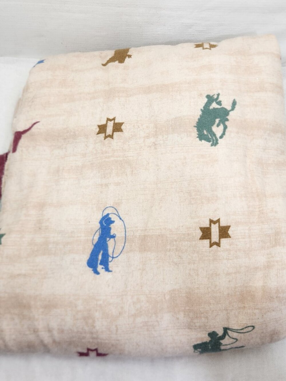 Vintage Flannel Cowboy Rodeo Roping Flat Sheet Full Double